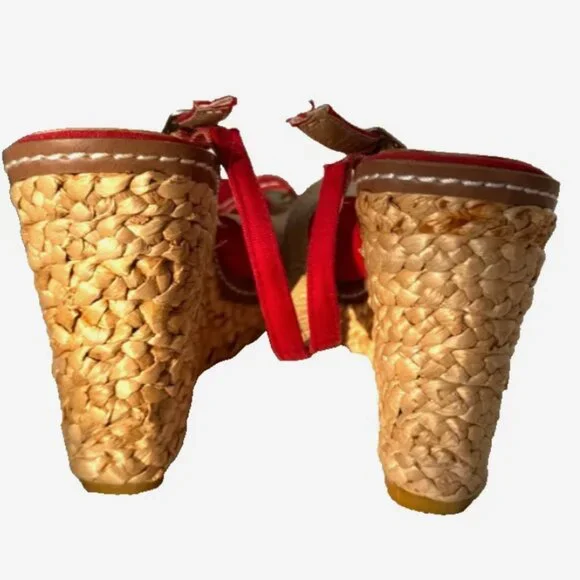 Bamboo Slingback Red Canvas Espadrille Platform Peep Toe Size 10 New - Picture 4 of 6